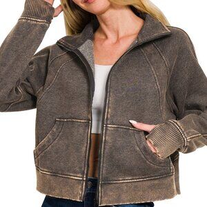 NWT Ladies Ash Black Acid Wash Long Sleeve Zip Up Fleece Cropped Jacket - Large